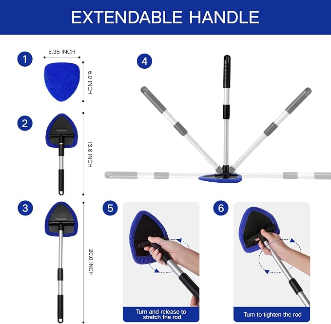 11pcs Windshield Cleaner Tool, Car Window Cleaning Wash Kit with 6 Reusable Microfiber Pads 2 Spray Bottles and Extendable Handles Auto Glass Wiper Kit, Blue & Green