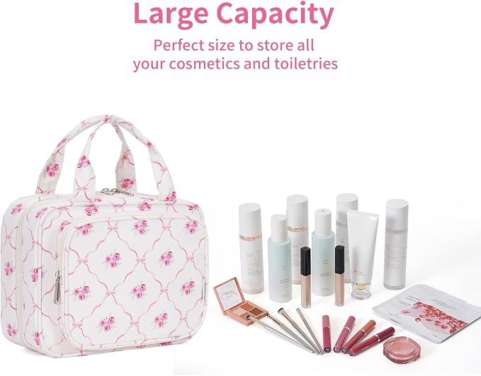 Hanging Toiletry Bag for Women Travel Makeup Bag Organizer Toiletries Bag for Travel Size Essentials Accessories Cosmetics (Bowknot and Flower (Medium))