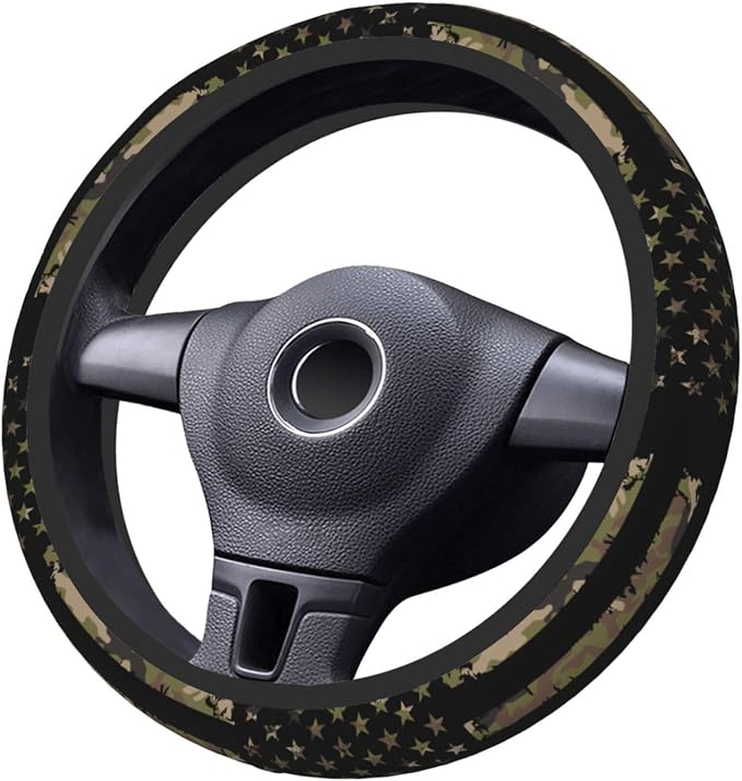 Camo American Flag Neoprene Steering Wheel Cover for Men Women Anti-Slip Elastic Steering Wheel Protective Cover 15in Universal Car Accessories Fit Cars, SUVs, Auto