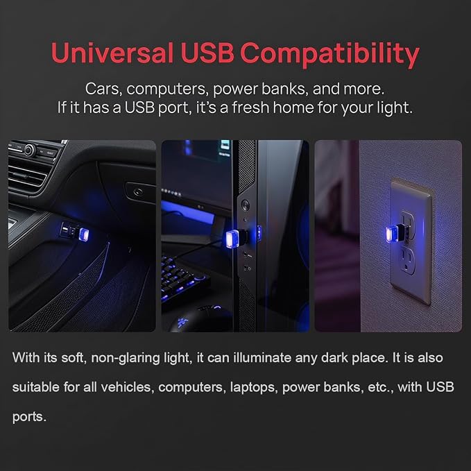 2PCS USB LED Car Interior Atmosphere Lamp, Portable Mini, Blue | 5V USB-A plug-in, soft accent glow, no wiring, decor night light, car accessories for cars, SUVs, trucks