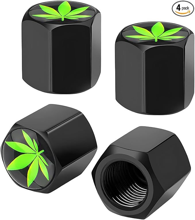 4 PCS Tire Valve Stem Caps, Cute Cow Print Airtight Dust Proof Tire Valve Covers, Corrosion Resistant Aluminum Wheel Stem Caps for Cars, Trucks, SUVs (Leaf)