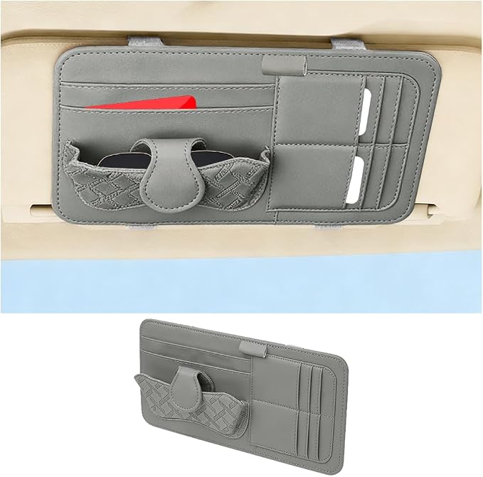 Car Sun Visor Organizer, Multifunctional Visor Storage Pouch with Sunglasses Holder & Card Sleeve Pocket, Auto Interior Organizer Pocket Bag for Pens Cards Documents, Universal Fit (Gray)