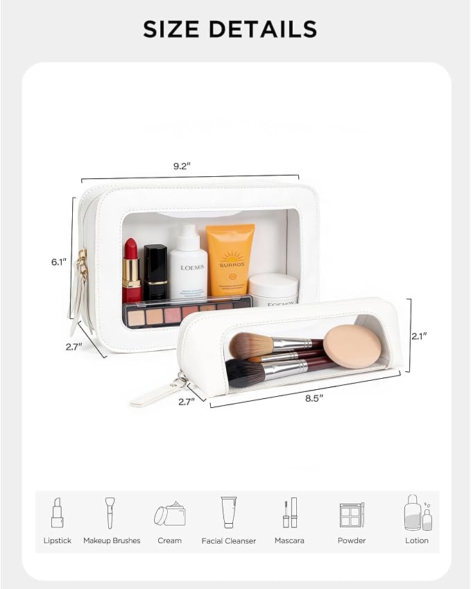 2Pack Clear Makeup Bags Set, Small Clear Makeup Bag, PU Leather Travel Makeup Brush Case Portable Transparent Waterproof Cosmetic Organizer Pouch with Zipper for Women(2Pack-White Set)