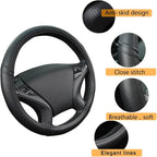 Leather Two Front Car Seat Cover; 4Pcs Waterproof Car Floor Mats & Steering Wheel Cover,Universal Fit Airbag Compatible Automotive Interior Covers (Combo Set, Black)