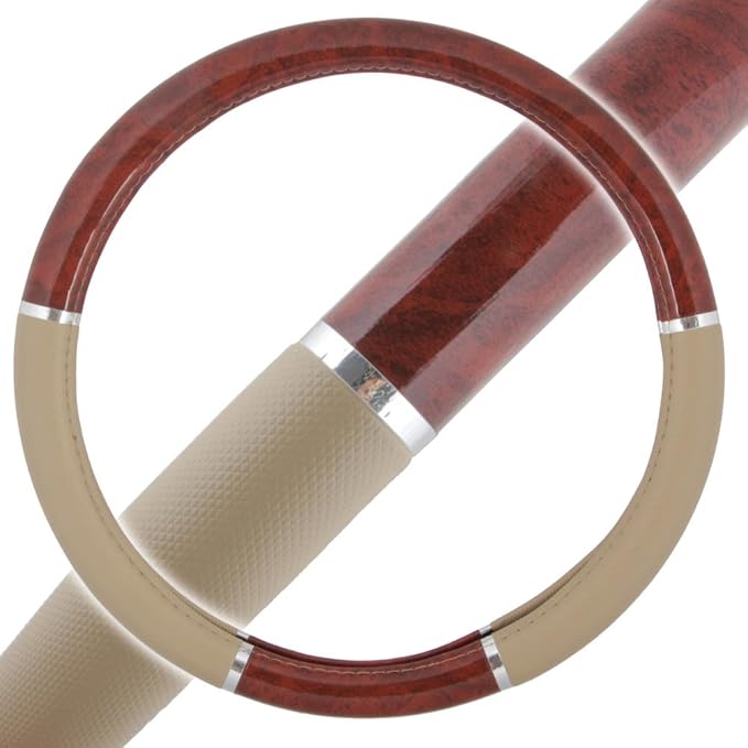 Dark Wood Grain Car Steering Wheel Cover, Standard 15 inch with Beige Faux Leather Grip, Made to Fit Most Auto Truck Van SUV