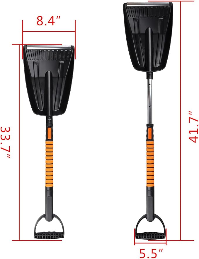ABS Aluminum 41" Snow Brush Ice Scraper with Snow Shovel 4-in1, Foam Grip, Orange Black, Extendable Handle, 180° Pivoting Head w/Wiper Blade, for Car Truck SUV Winter Christmas Home Use