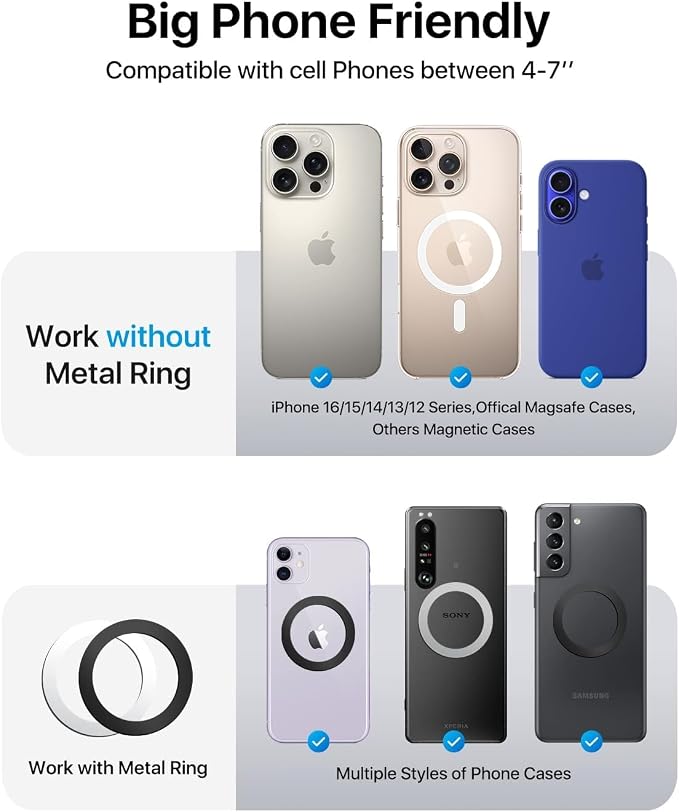 2026 Upgraded for Magsafe Car Mount [Biggest Panel, Big Phone Friendly] 360° Rotation Magnetic Phone Holder for Car Vent Suitable for iPhone 17/16/15 Pro Max Samsung S25/S24 (Grey)