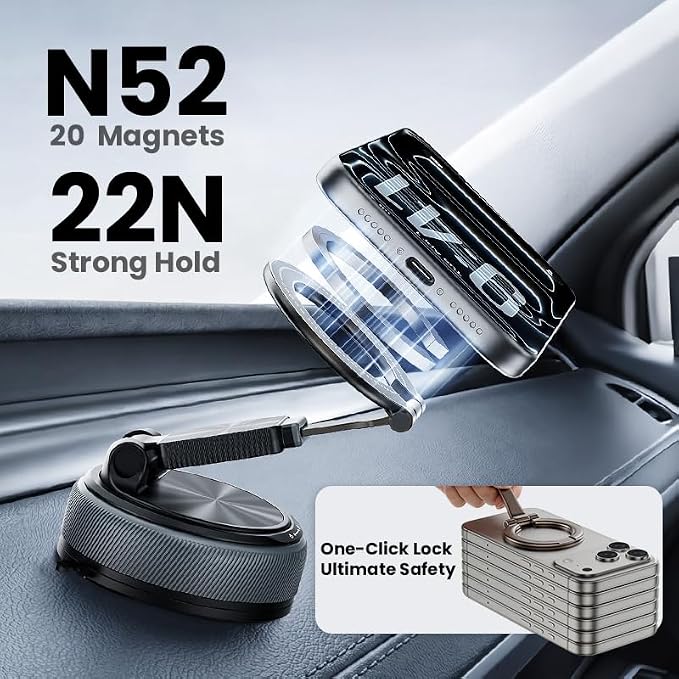 Magnetic Car Phone Mount, 2-in-1 Detachable Ring Stand for Desk & Dashboard, 360° Triple Axis Windshield Holder, N52 Strong Magnet, Universal Fit, Includes 2 Metal Plates,（Grey）