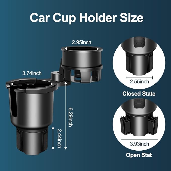 Car Cup Holder Expander, Cup Holder Expander, Cupholder Expander with Adjustable Extension Base and 360° Rotation Design, Fits Mugs, Cups, Large Water Bottles in 2.9"-3.8" (10-46oz), Black