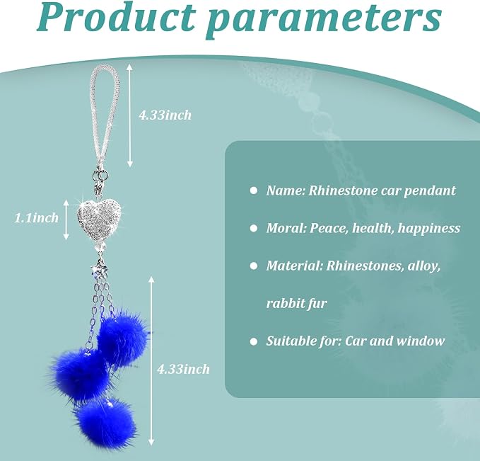 Bling Diamond Heart Car Interior Accessories, Car Mirror Hanging Ornament for Women, Love Heart & Pink Plush Ball Decor Ornament Pendant (Dark Blue)