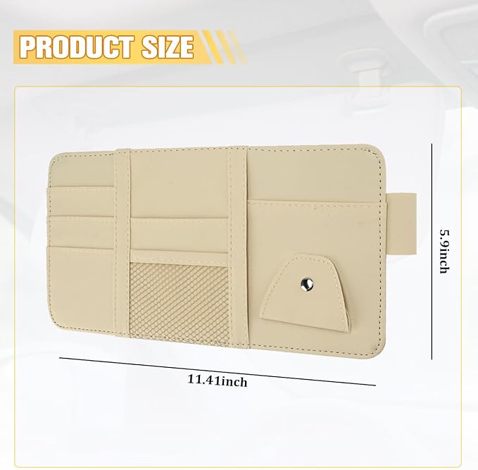 Car Sun Visor Organizer with Sunglasses Holder, Multi-Pocket Visor Storage Pouch Case for Ticket Card Phone Money, Auto Interior Sunvisor Organizer Bag, Universal for SUV Van Truck (Beige)