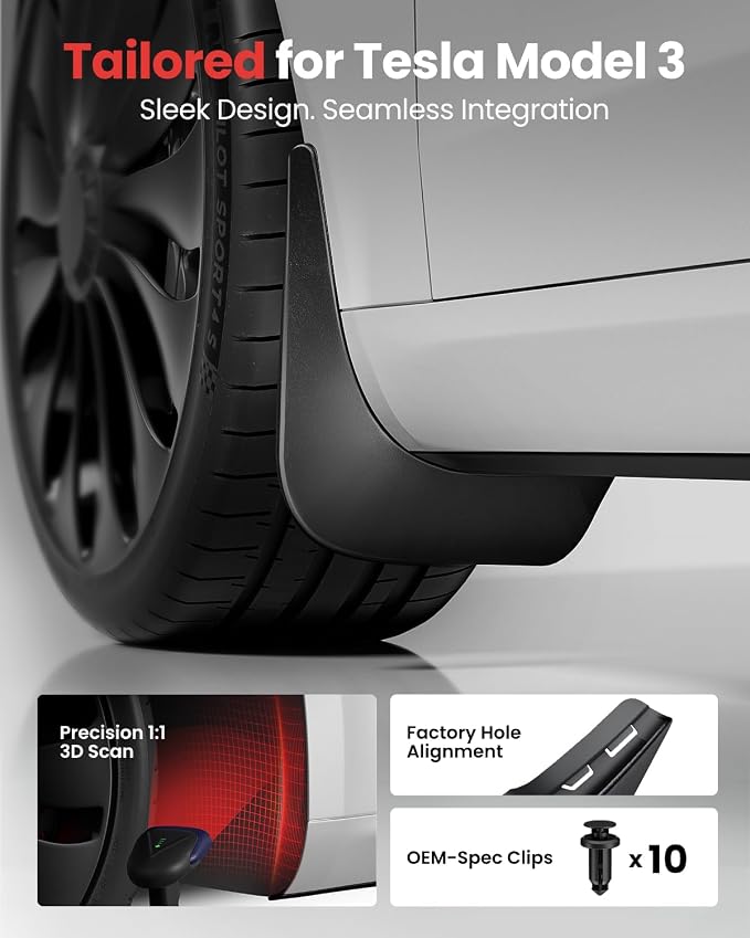 2026 Tesla Model 3 Highland Accessories - Mud Flaps [Protect Paint, No Drilling Required] All-Weather Splash Guard Body Kits for Model 3 Highland 2024-2026, Black (Set of 4)
