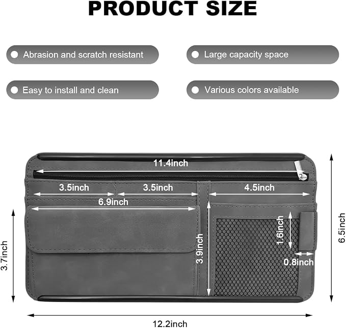 Car Sun Visor Organizer, Leather Sun Visor Pocket Organizer Case with Multi-Pocket Net Zipper, Suede Note Holder Car Visor Storage Pouch for Card Pen Sunglasses Document (Gray)