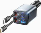 Upgraded Retractable Car Charger, [Ultra-Compact] 6-Port Car Charger USB C, iPhone Car Chargers Fast Charging with USB C & Apple Cable, RV Power Adapter for iPhone 17/16/15/14/13/12