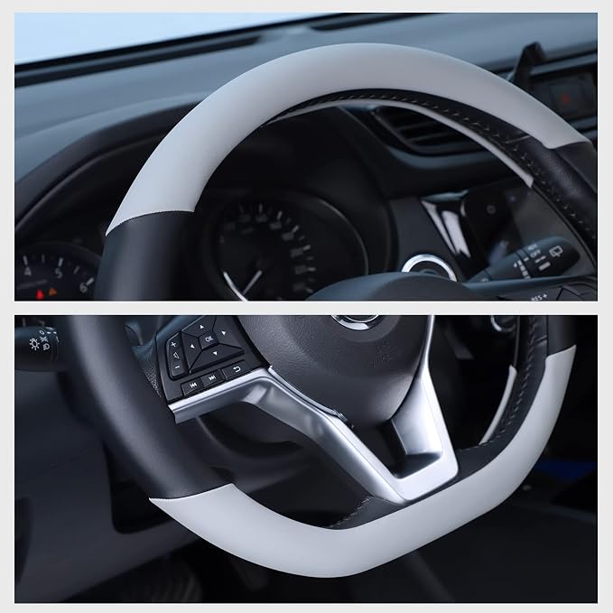 Flat Bottom Steering Wheel Cover, D Shaped Car Wheel Cover 14 1/2-15 in. (37-39 cm), Black Gray Microfiber Leather