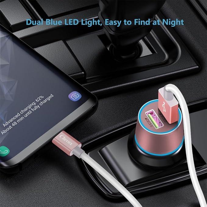 Fast USB Car Charger for Samsung Galaxy A56/A55/A54/A53/A50/A17/A16/A15/A14/S26/S25/S24/S23/S22 Plus/Ultra/Note 20/A21/A31/A51 Quick Charge 3.0 Dual USB Rapid Car Charger with Type C Cable 3.3ft-Pink