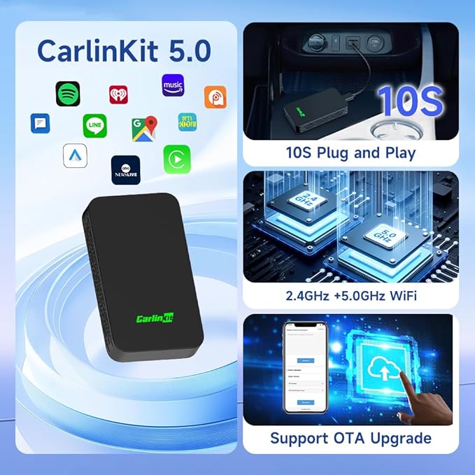 5.0 Wireless CarPlay/Android Auto Adapter USB for Factory Wired Cars (Model Year: 2015 to 2026), Convert Wired Apple CarPlay & Android Auto to Wireless Dongle, Fit in-Dash Navigation