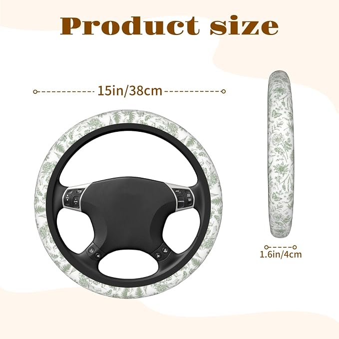 Steering Wheel Cover Accessories Neoprene Cover, Breathable Non-Slip Easy to Install Suitable for Women Men, 14.5-15.5 Inch for Car SUV Van Truck Universal - Green Plants