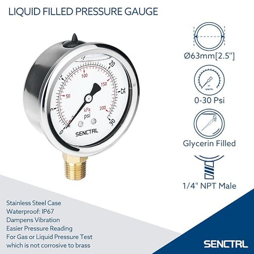 0-30 PSI Glycerin Liquid Filled Low Pressure Gauge, 2.5" Dial Size, 1/4 NPT, Stainless Steel Case, Lower Mount, for Water Oil Air Pressure Test