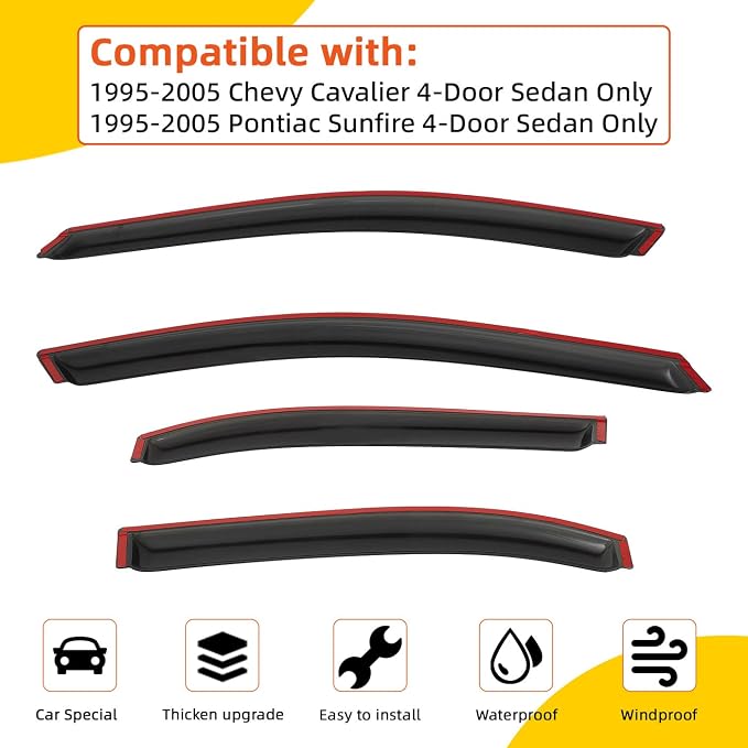 Rain Guards Compatible with 1995-2005 Chevy Cavalier/Pontiac Sunfire 4-Door Sedan Tape-On Side Window Visor Wind Deflector Vent Visors Car Accessories 4pcs