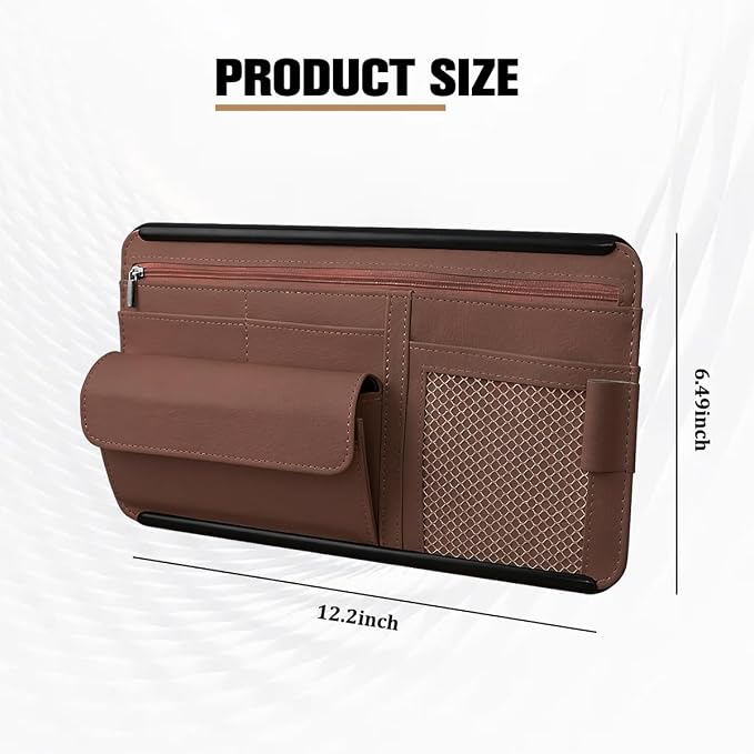 Car Sun Visor Organizer with Zipper Pocket, Multi-Pocket Vehicle Visor Storage Pouch with Card Sleeve, Eyeglasses Holder Box, Auto Interior Sunvisor Organizer Pocket, Universal Fit (Brown)