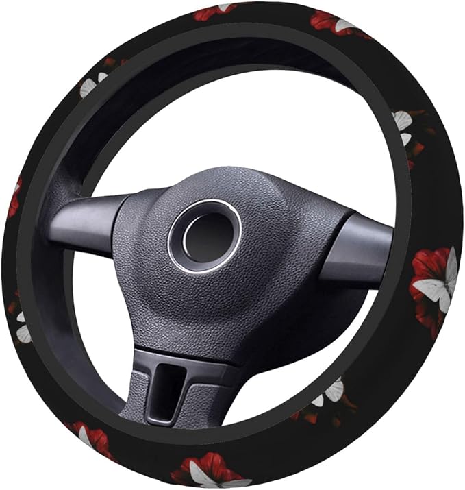 Elastic Butterfly Car Steering Wheel Cover Protector Upgrade Thicken,Red Flower Black,Anti Slip Stretchy Soft Car Interior Decor for Diverse Cars Truck SUV for Men Women Universal 15 Inch