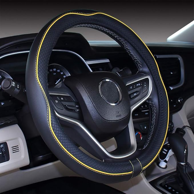 Small Size Steering Wheel Cover Anti-Slip,Safety,Soft,Breathable,Durable,Full Surround,Comfortable Grip Microfiber Leather (14-14.25 inch, Black Yellow)