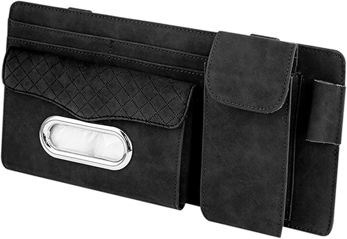 Car Sun Visor Organizer, Multi-compartment Storage Clip for Tissues ID Cards Sunglasses, Suede-like Premium Vehicle Visor Decorative Accessories, Universal for Most Vehicles (Black)