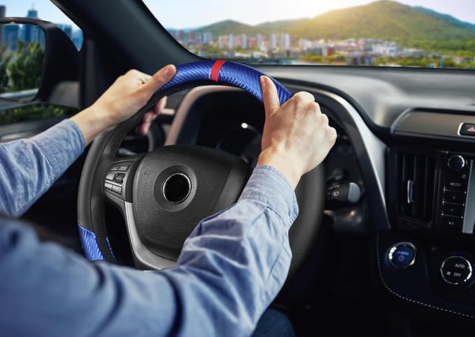 Carbon Fiber Steering Wheel Cover, Universal 15 Inch for Men Women, Breathable Microfiber Leather, Anti-Slip Inner Lining, Sporty Design, Cool in Summer Warm in Winter (Carbon Fiber Blue)