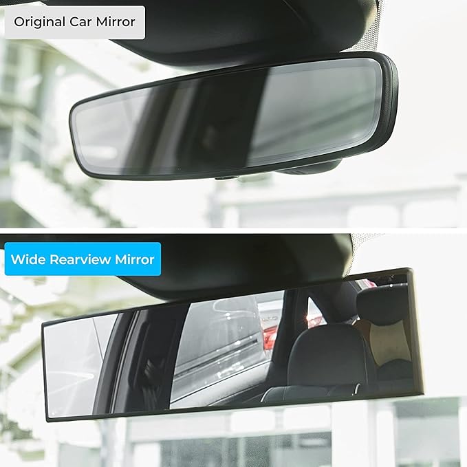 Panoramic Rear View Mirror, 12 Inch Wide Angle Clip On Mirror, Universal Car Interior Accessories, Convex Interior Mirror Reduces Blind Spot, Clear Vision Fits Car SUV Trucks