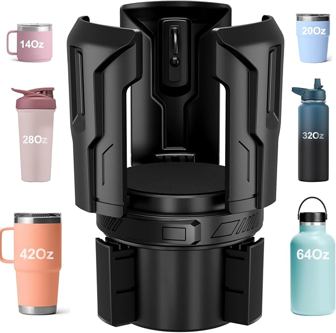 Cup Holder Expander (Adjustable Holder & Base, Auto-Fit Hold, One Button Open), Car Cup Holder Expander for Yeti, Hydro Flask, Nalgene, Owala, Bottles in 2.6"- 4.8" (Black, 1 Pack)