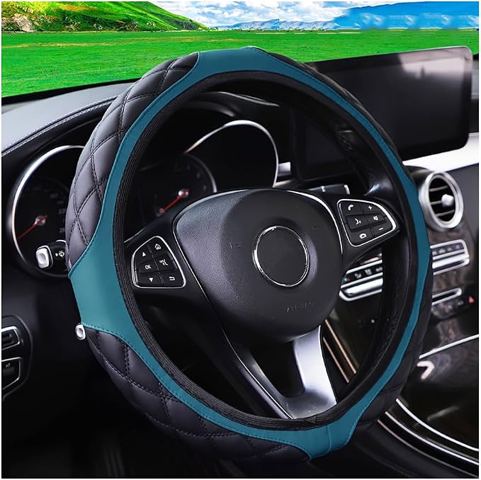 15 Inch Car Leather Steering Wheel Cover, Automotive Accessories Elastic Breathable Anti-Slip Soft Wheel Protector Fits Men and Women, Suitable for SUVs, Trucks, Vehicles and RVs (Dark Green)