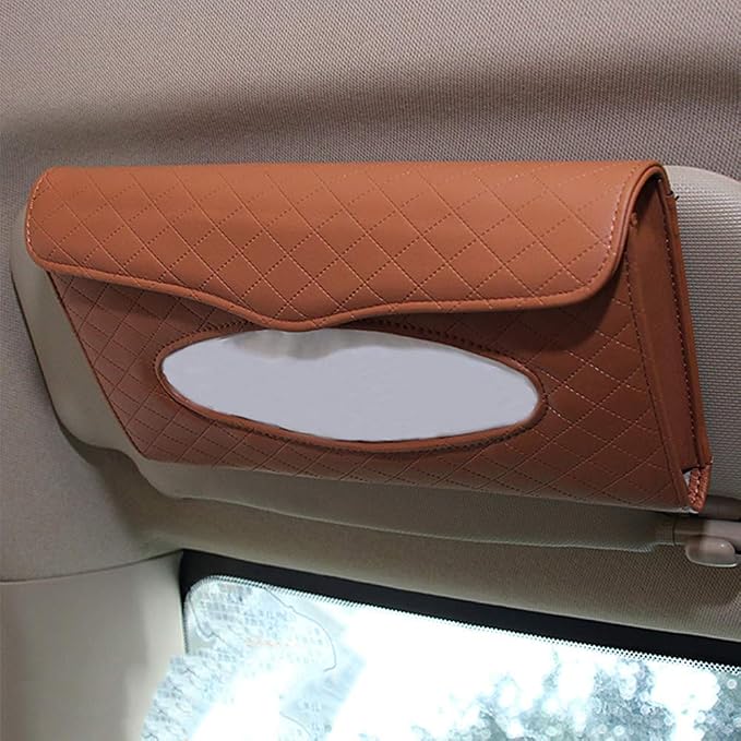 Car Tissue Holder - Sun Visor Napkin Holder, PU Leather Backseat Tissue Case for Truck (Brown)