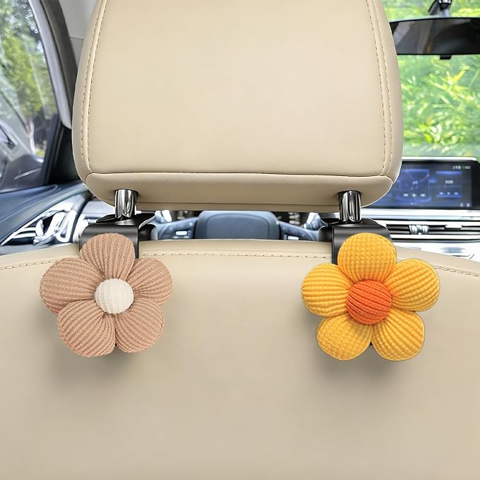 2PCS Car Seat Headrest Hook, Cute Flower Vehicle Backseat Purse Handbag Storage Hanger, Floral Auto Seat Back Holder Hook for Coat Umbrella Grocery, Universal for Vehicles (Brown/Yellow)