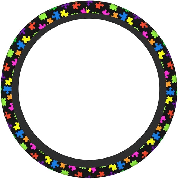 Elastic Puzzle Pieces Neoprene Car Steering Wheel Cover Protector Upgrade Thicken,Autism Awareness Colorful,Anti Slip Soft Car Accessories for Diverse Cars Truck SUV for Men Women Universal 15 Inch
