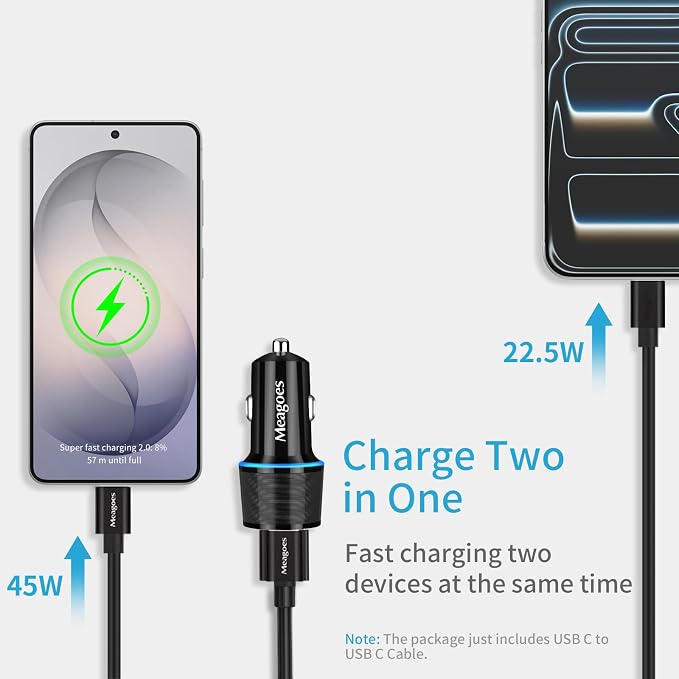 67.5W Car Charger USB C Super Fast Charging, 45W USBC & QC3.0 Port Plug for iPhone 17 Pro Max/Air/16/15/iPad, Samsung S26/S25 Android Cell Phone, Dual 12V Cigarette Lighter Adapter+ 10 ft Type C Cable