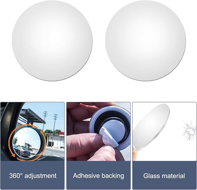 2 Pack Blind Spot Mirror， 2" Round Frameless HD Convex Blind Spot Mirrors, 360° Adjustable Wide Angle Rearview Mirrors with Swivel Rod, Universal Fit for Cars, SUVs, Trucks