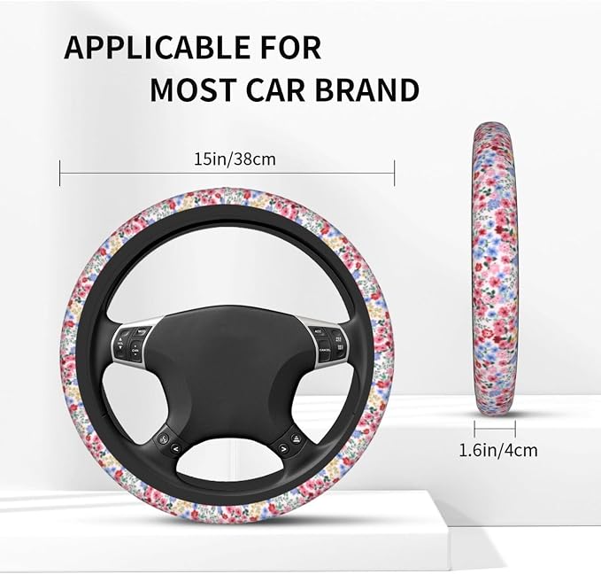 Millefleurs Different Flowers Pink Steering Wheel Cover Car Accessories Cute for Women Girls Girly Universal 15 Inch Neoprene Auto Interior Decor Anti Slip Car Truck Protector