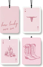 Boho Pink Western Car Air Freshener 4 Pcs, Preppy Cow Skull Cactus Cowgirls Boots Hanging Air Freshener for Cars Closet Drawer Books, Girly Western Car Accessories Mirror Decor for Women