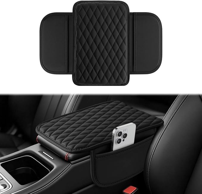 Car Center Console Cover, Upgraded Leather Car Armrest Cushion with 2 Storage Pockets, Universal Waterproof Cushion Pad, Non-Slip Car Interior Accessories, Fits Most Sedans SUVs Trucks (Black)