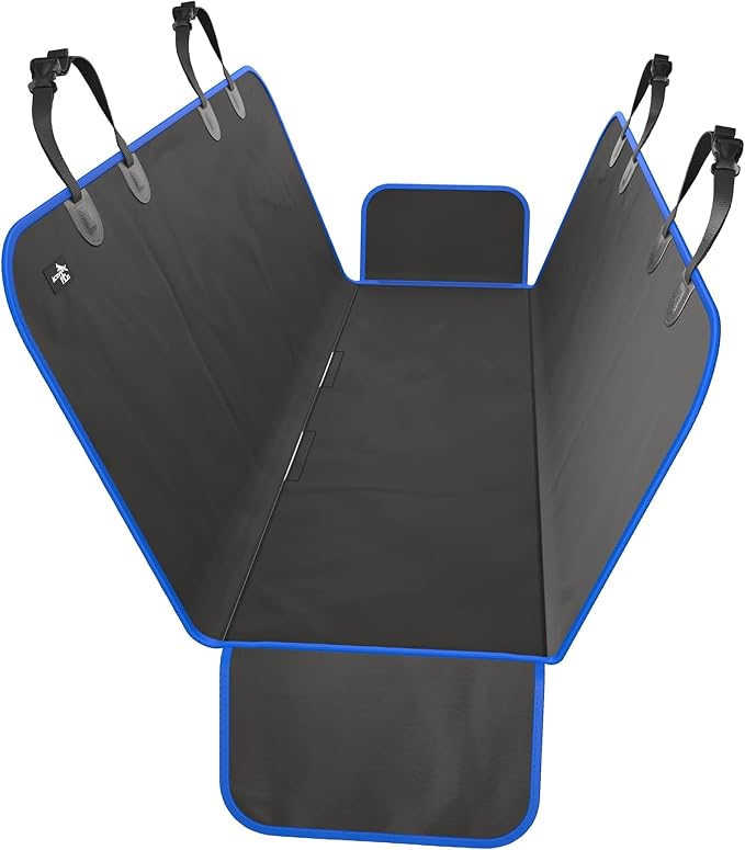 XL Waterproof Hammock Large Car Seat Cover, Fits SUVs Trucks Big Sedans, Secure Convertible Travel Bed Protects Backseat Cargo from Dog Puppy Pet Water Food Drool Urine, Black w/Blue Trim