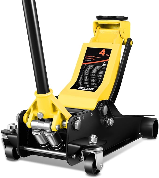 4 Ton Low Profile Floor Jack, Heavy Duty Steel Hydraulic Car Jack with Dual Pistons Quick Lift Pump, Hydraulic Racing Floor Jack, Lifting Range 4.5" to 20", Yellow