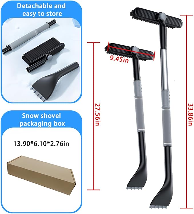 Mandark Car Windshield Snow Brush and Ice Scraper, Detachable Extendable Vehicle Snow Removal Tool with Ergonomic Foam Grip, Auto Window Scraper Accessories, Universal for SUV, Truck, RV (Grey)