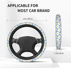 Daisy Flower Steering Wheel Cover Anti-Slip and Practical 14.5-15 Inch Universal Car Steering Wheel Cover with 2 Pieces Car Coasters Suitable for Men Women