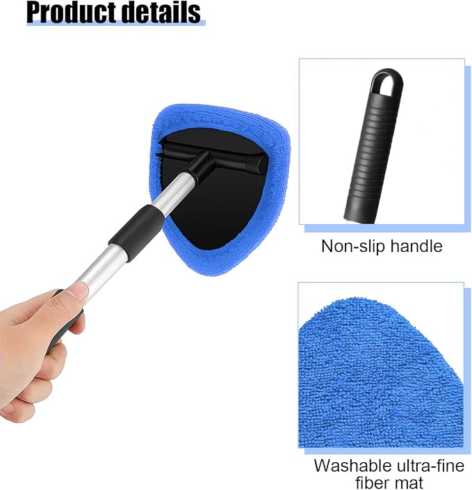 Car Windshield Cleaner Tool, Vehicle Window Detailing Cleaning Kit with Extendable Handle & 4 Washable Microfiber Pad, Auto Glass Wiper Cleaner for Exterior & Interior, Universal Fit (Blue)