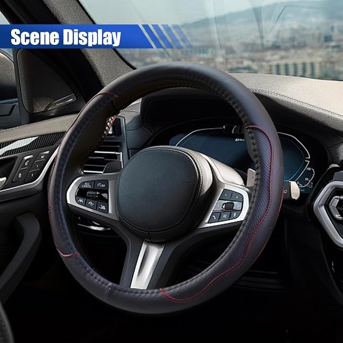 15Inch Leather Car Steering Wheel Cover for SUV, Truck, Black&Red | Anti-Slip Breathable Automotive Steering Wheel Protector, Universal Heat Resistant Vehicle Interior Accessories