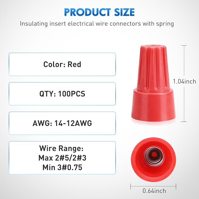 100PCS Red Wire Connectors Kit 14-12 AWG Electric Wire Caps Insulating Insert Twist Electrical Wire Terminal with Spring for Connect Electrical Wiring Automotive Car Truck Boats Marine