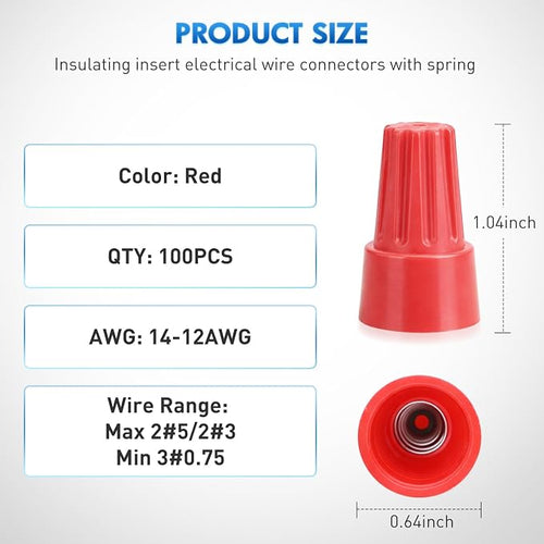 100PCS Red Wire Connectors Kit 14-12 AWG Electric Wire Caps Insulating Insert Twist Electrical Wire Terminal with Spring for Connect Electrical Wiring Automotive Car Truck Boats Marine