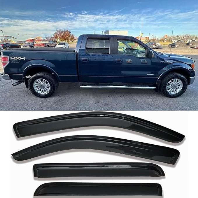 Side Car Window Visors Rain Guards Vent Deflectors Fit 09-14 Ford F150 Crew Cab,2010-2014 Ford F-150 SVT Raptor SuperCrew 94155 Sun Shade Window Vents 4-pc Set