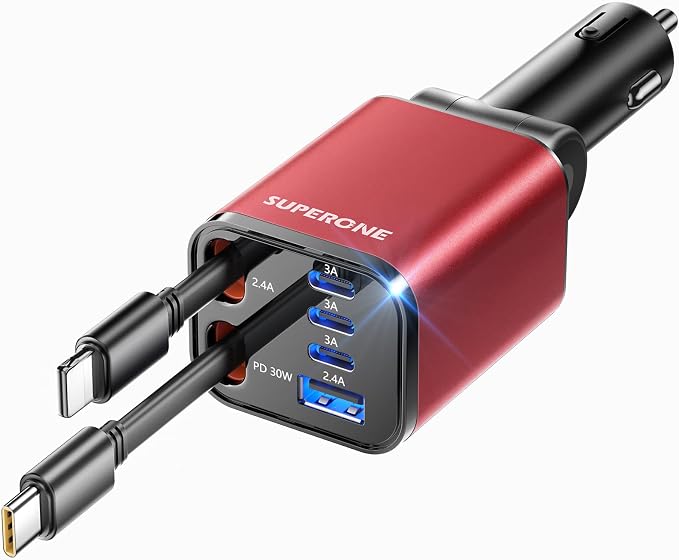 [Upgraded] 6 in 1 Retractable Car Charger, Smaller Fast Car Phone Charger 69W with Cord, USB C and iPhone Car Charger Adapter, Compatible iPhone 17/17 Pro Max/16/15/14/13/12/11, Sumsung
